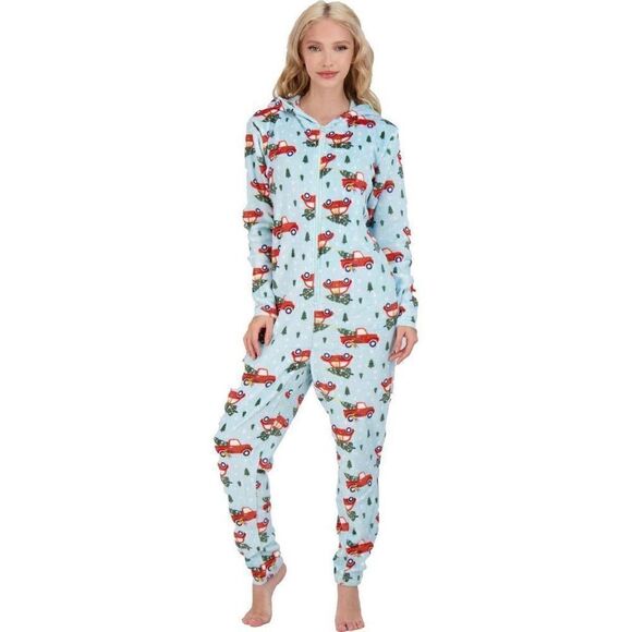 woman’s s/m fleece pajamas Christmas PRINTED HOLIDAY ONE-PIECE HOODED - Picture 1 of 9